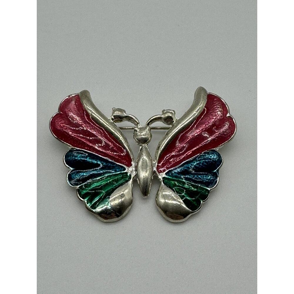 Vintage Butterfly Brooch Multi‎ Colored On Silver Toned Back Jewelry Lapel Pin